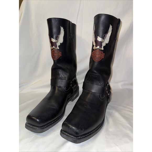 Harley Davidson Black Leather Boots Harness Embroider Eagle Logo SQ Toe Sz 12 - Picture 1 of 11